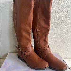 Brown Knee-High Boots with Buckle and Zippers